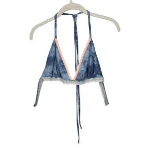Blue Tie Dye Embroidered Trim Triangle Bikini Swimsuit Top Women's Large